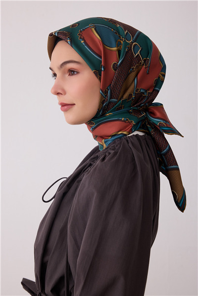 Petrol Geometrik Desen %100 Twill İpek Eşarp 4400-01