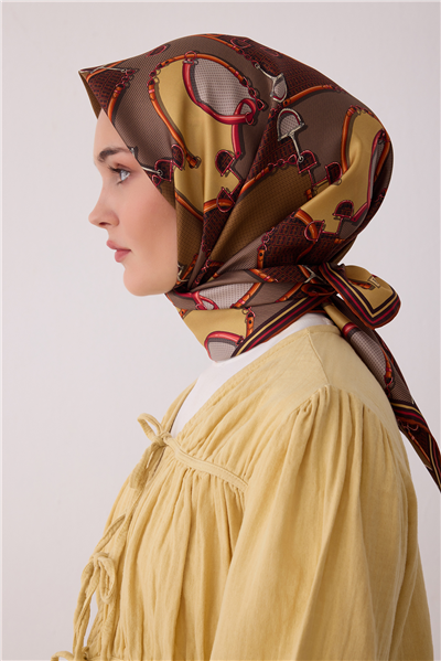 Kahverengi Geometrik Desen %100 Twill İpek Eşarp 4400-05