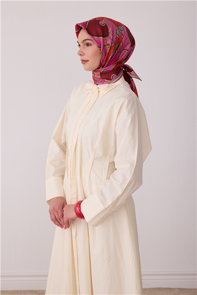 Pembe Geometrik Desen %100 Twill İpek Eşarp 4400-07