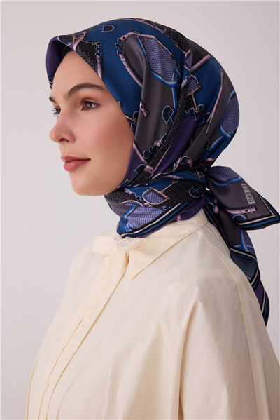 Mor Geometrik Desen %100 Twill İpek Eşarp 4400-36