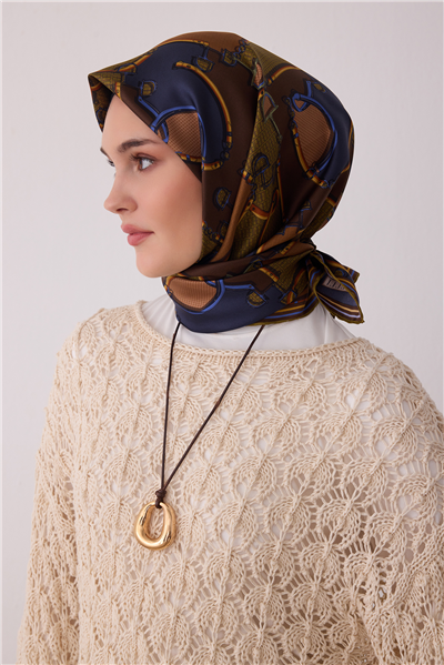 Haki Geometrik Desen %100 Twill İpek Eşarp 4400-81