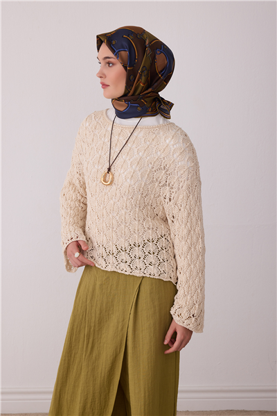 Haki Geometrik Desen %100 Twill İpek Eşarp 4400-81
