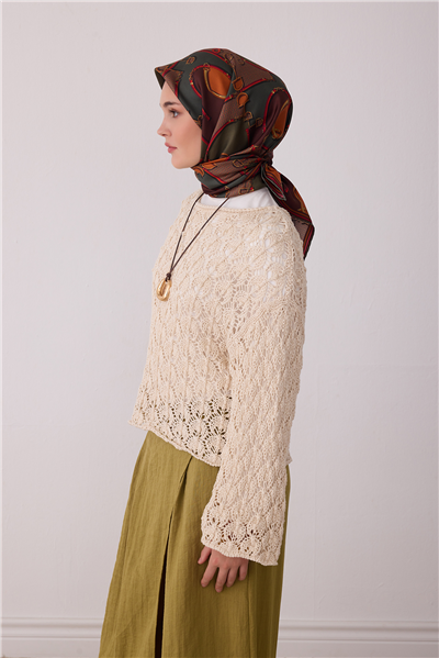 Yeşil Geometrik Desen %100 Twill İpek Eşarp 4400-82