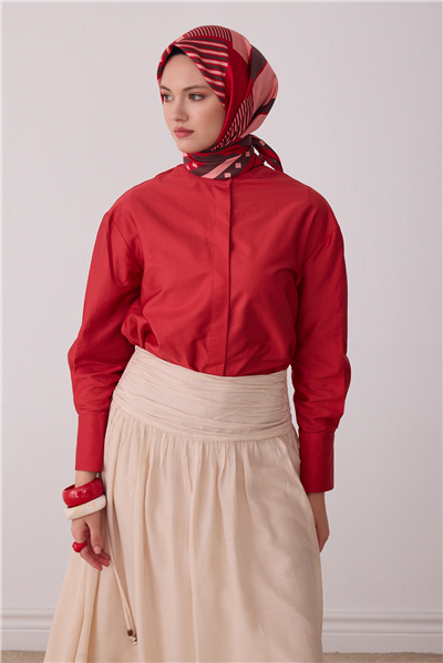 Kırmızı Geometrik Desen %100 Twill İpek Eşarp 4401-35