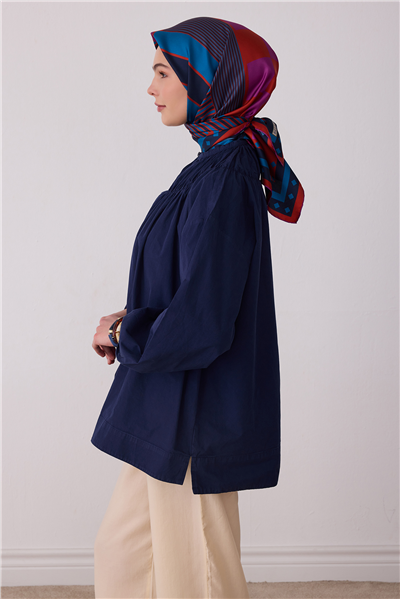 Petrol Geometrik Desen %100 Twill İpek Eşarp 4401-36