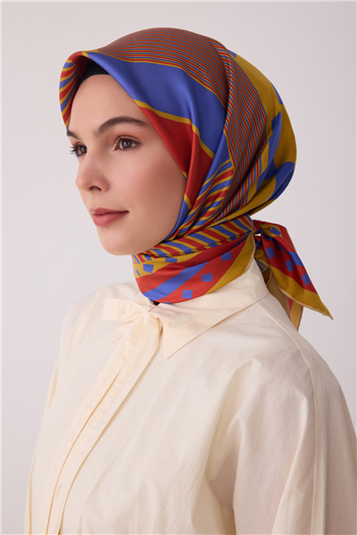 yağ yeşili Geometrik Desen %100 Twill İpek Eşarp 4401-37