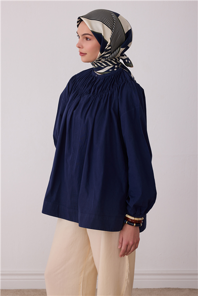 Lacivert Geometrik Desen %100 Twill İpek Eşarp 4401-56