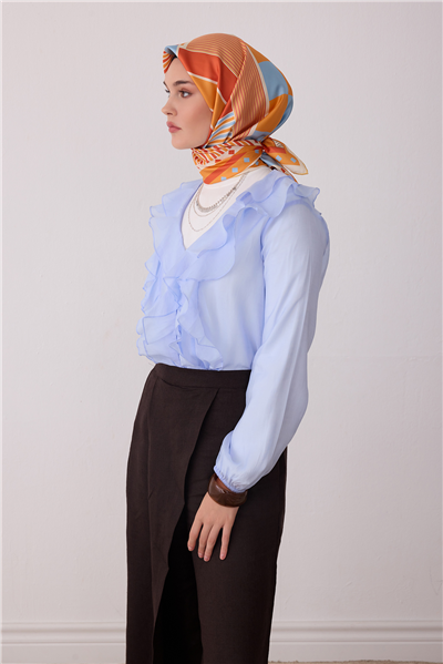 Turuncu Geometrik Desen %100 Twill İpek Eşarp 4401-80