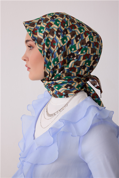 Kahverengi Geometrik Desen %100 Twill İpek Eşarp 4402-50
