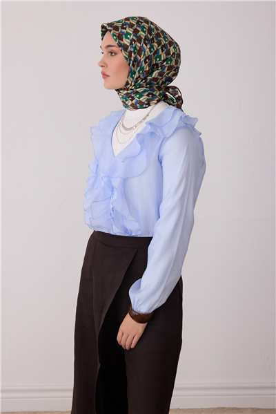 Kahverengi Geometrik Desen %100 Twill İpek Eşarp 4402-50