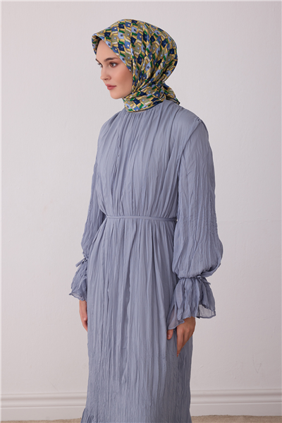 İndigo Geometrik Desen %100 Twill İpek Eşarp 4402-81