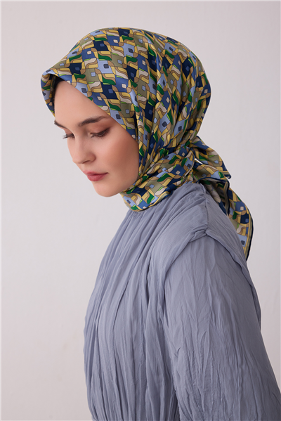 İndigo Geometrik Desen %100 Twill İpek Eşarp 4402-81