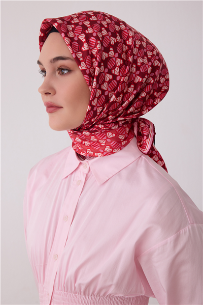 Kırmızı Geometrik Desen %100 Twill İpek Eşarp 4403-52