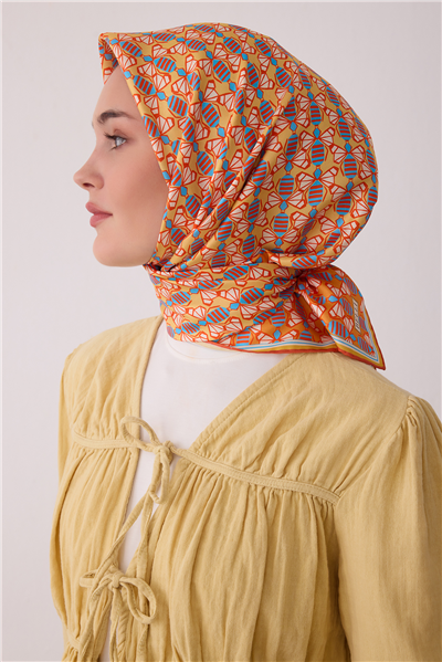 Turuncu Geometrik Desen %100 Twill İpek Eşarp 4403-81