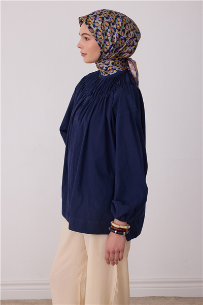 Lacivert Geometrik Desen %100 Twill İpek Eşarp 4403-83