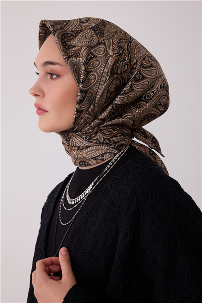 Bej Etnik Desen %100 Twill İpek Eşarp 4404-01