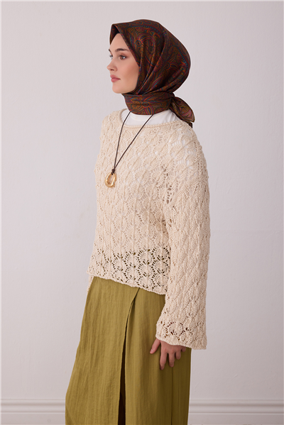 Kahverengi Etnik Desen %100 Twill İpek Eşarp 4404-02