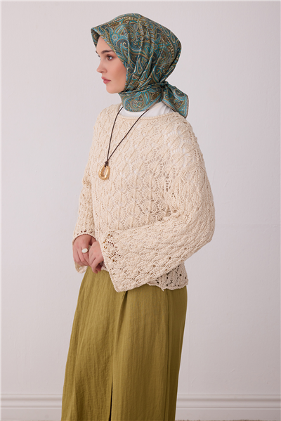 Mint Etnik Desen %100 Twill İpek Eşarp 4404-32