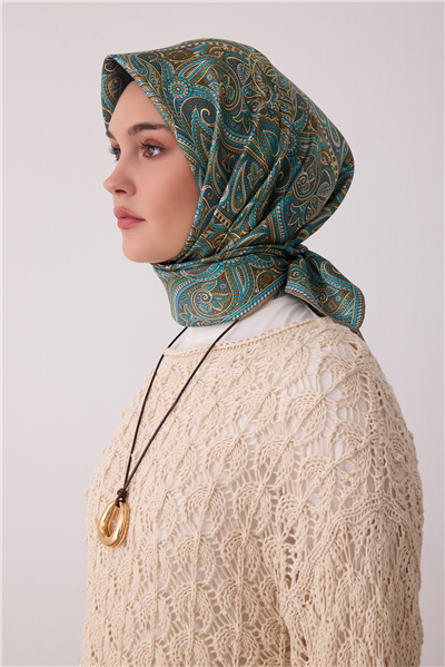 Mint Etnik Desen %100 Twill İpek Eşarp 4404-32
