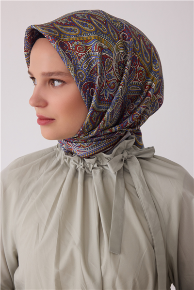 Lila Etnik Desen %100 Twill İpek Eşarp 4404-33