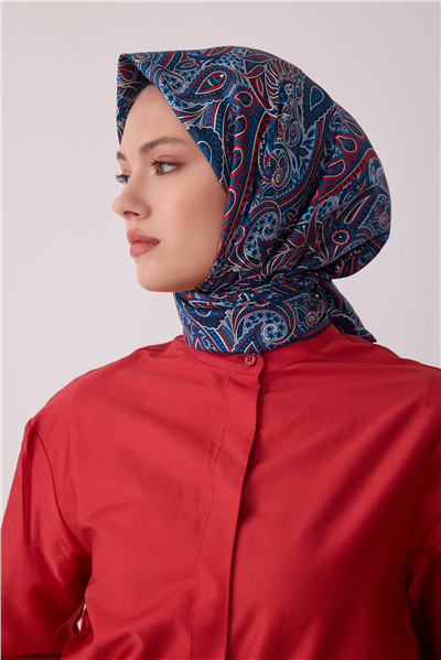Mavi Etnik Desen %100 Twill İpek Eşarp 4404-35