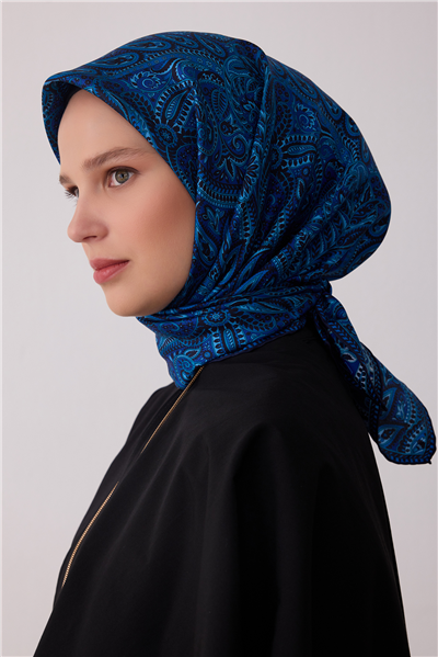 Lacivert Etnik Desen %100 Twill İpek Eşarp 4404-80