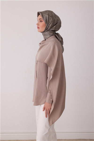 Bej Etnik Desen %100 Twill İpek Eşarp 4404-81
