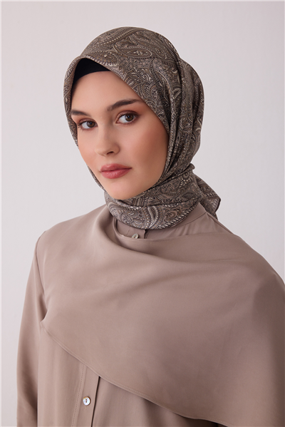 Bej Etnik Desen %100 Twill İpek Eşarp 4404-81