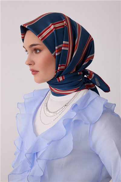 Petrol Geometrik Desen %100 Twill İpek Eşarp 4405-02