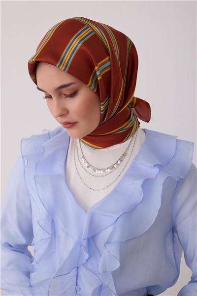Oranj Geometrik Desen %100 Twill İpek Eşarp 4405-05