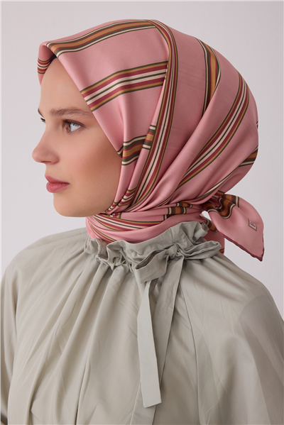 Pembe Geometrik Desen %100 Twill İpek Eşarp 4405-06
