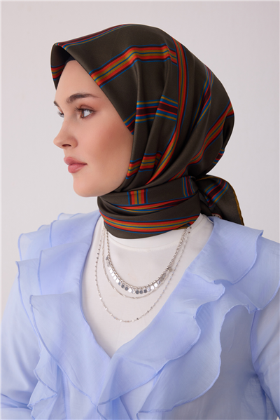 Haki Geometrik Desen %100 Twill İpek Eşarp 4405-34