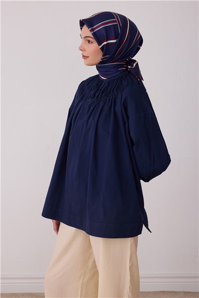Lacivert Geometrik Desen %100 Twill İpek Eşarp 4405-53