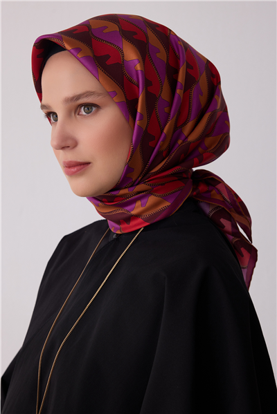 Bordo Geometrik Desen %100 Twill İpek Eşarp 4406-02