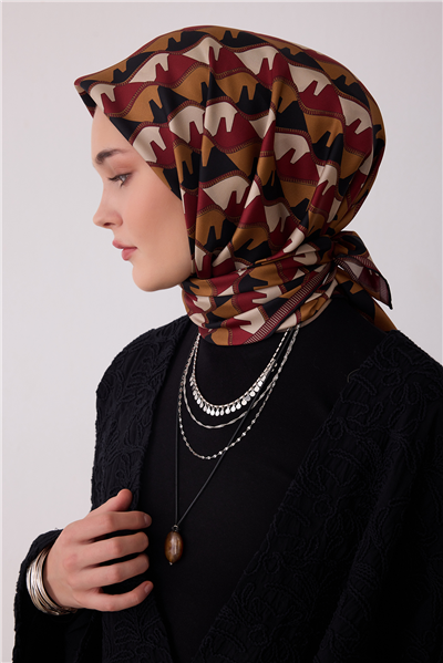 Kırmızı Geometrik Desen %100 Twill İpek Eşarp 4406-06