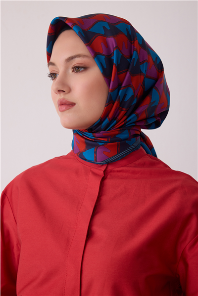 Petrol Geometrik Desen %100 Twill İpek Eşarp 4406-31