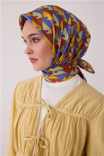 Sarı Geometrik Desen %100 Twill İpek Eşarp 4406-32