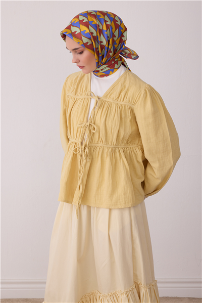 Sarı Geometrik Desen %100 Twill İpek Eşarp 4406-32