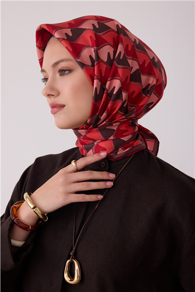 Kırmızı Geometrik Desen %100 Twill İpek Eşarp 4406-33