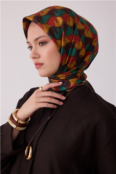 Kahverengi Geometrik Desen %100 Twill İpek Eşarp 4406-84