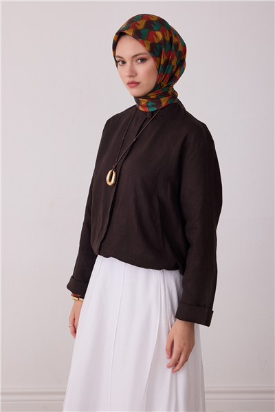 Kahverengi Geometrik Desen %100 Twill İpek Eşarp 4406-84