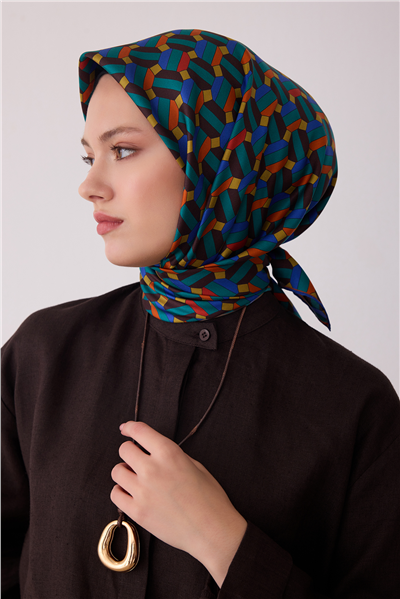 Petrol Geometrik Desen %100 Twill İpek Eşarp 4407-01