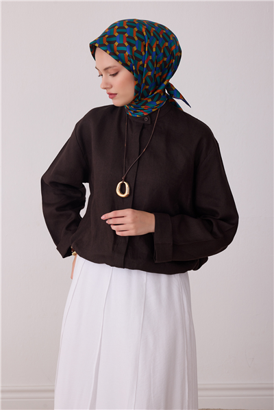 Petrol Geometrik Desen %100 Twill İpek Eşarp 4407-01