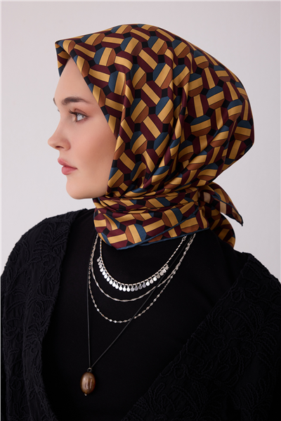 Kahverengi Geometrik Desen %100 Twill İpek Eşarp 4407-02