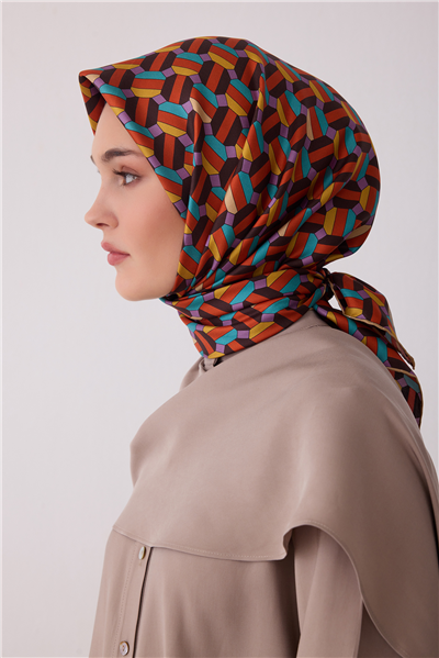 Oranj Geometrik Desen %100 Twill İpek Eşarp 4407-33