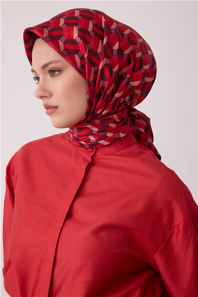 Kırmızı Geometrik Desen %100 Twill İpek Eşarp 4407-36