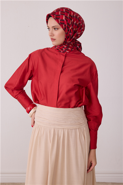 Kırmızı Geometrik Desen %100 Twill İpek Eşarp 4407-36