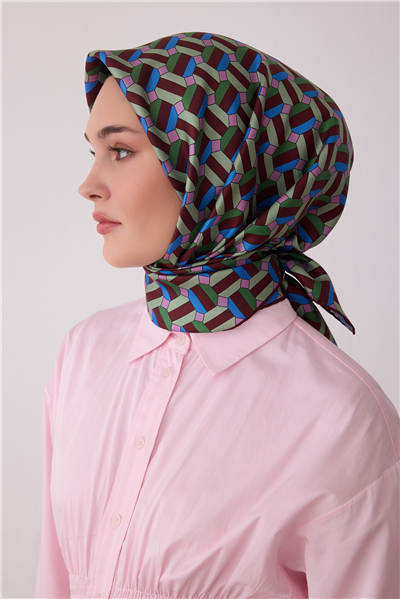 Kahverengi Geometrik Desen %100 Twill İpek Eşarp 4407-57