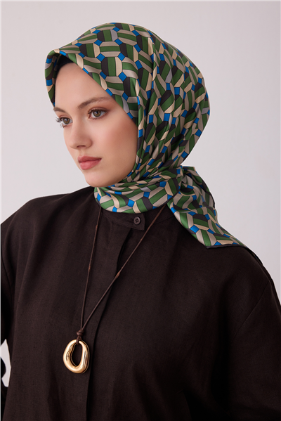 Çok Renkli Geometrik Desen %100 Twill İpek Eşarp 4407-84