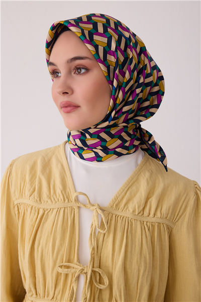 Mor Geometrik Desen %100 Twill İpek Eşarp 4407-85